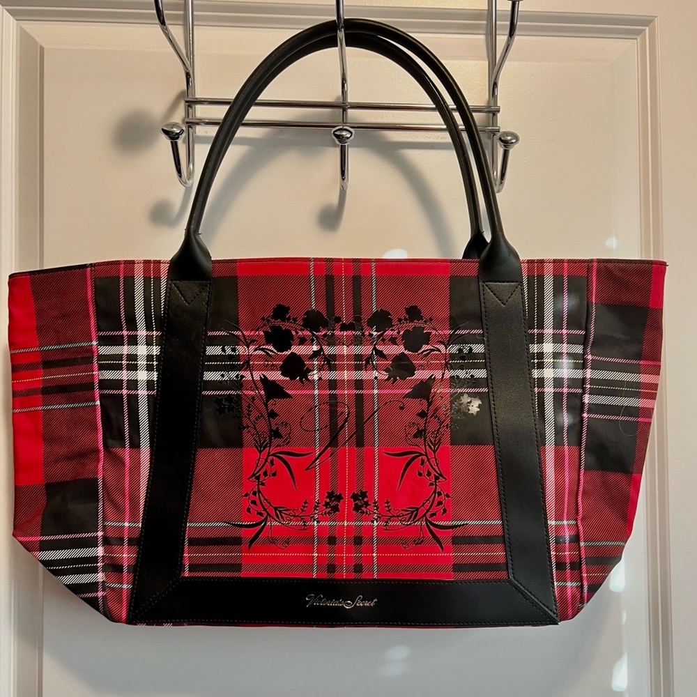 Victoria Secrete Logo Red & Black Plaid Floral Large Tote Weekend Bag